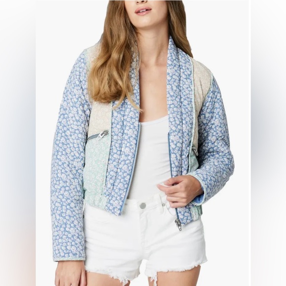 Blank NYC Jackets & Blazers - Blank NYC Light Blue Floral Patchwork Puffer